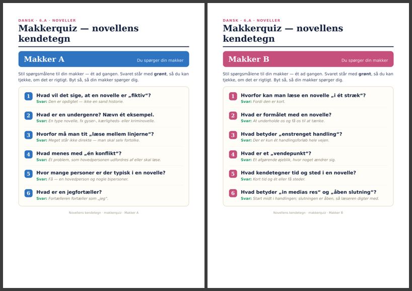 Skærmbillede af Makkerquiz: novellens kendetegn